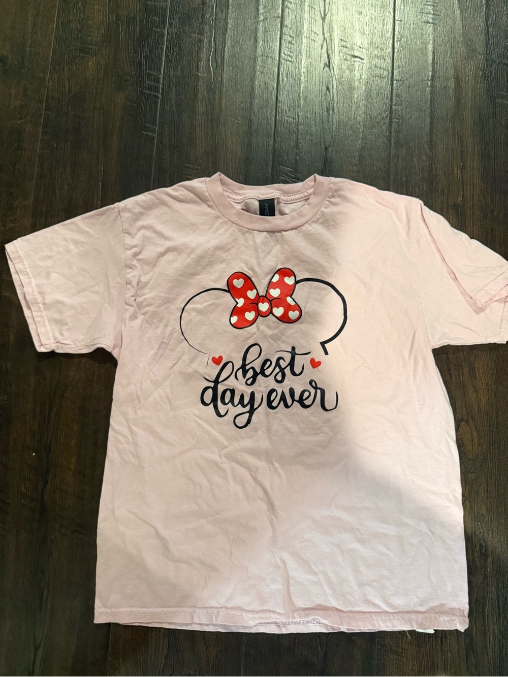 Gildan Light Pink Kids Tee with Red Heart Bow Graphic